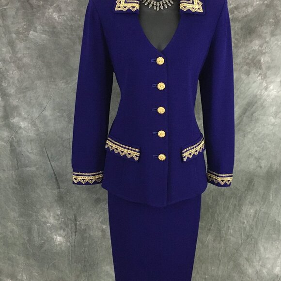 BEAUTIFUL st john evening knit purple gold rhinestones embellished skirt suit 8 - Picture 3 of 11